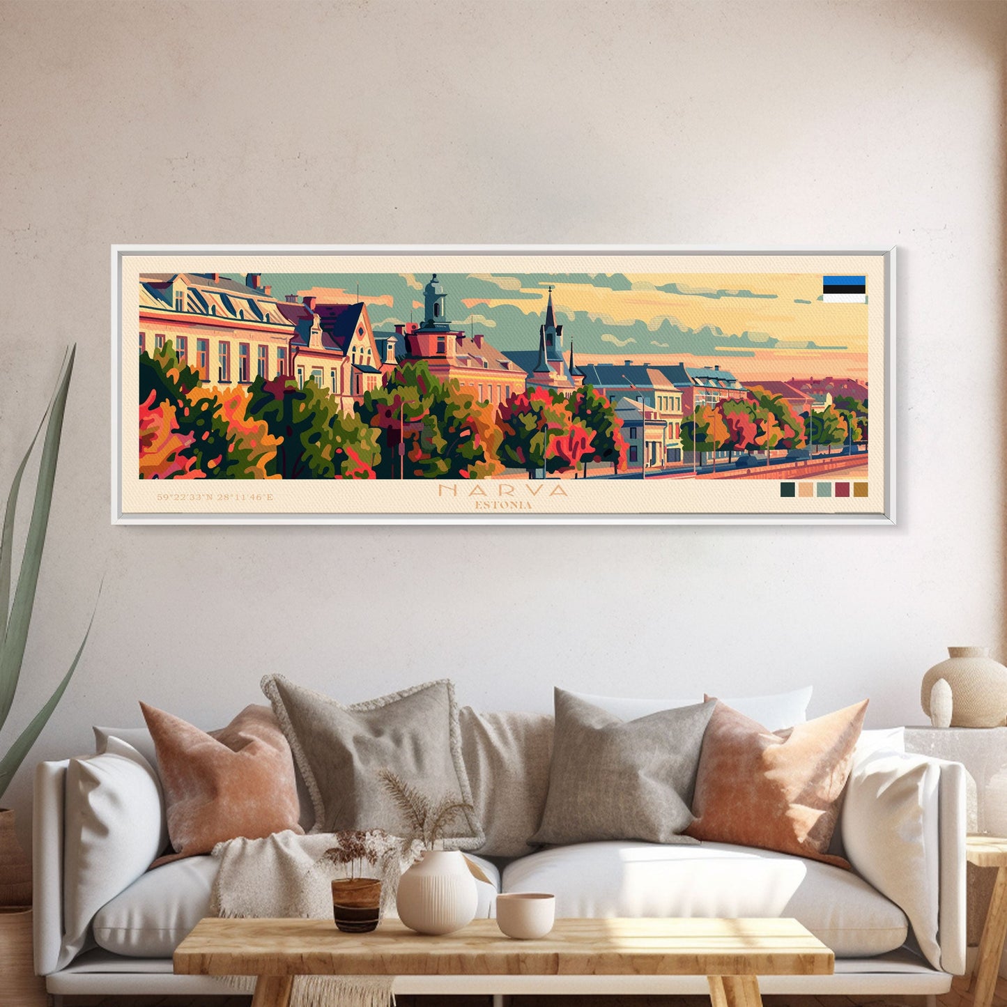 Narva, Estland – Panorama-Reiseposter, gerahmter Leinwanddruck oder Wandbild aus Metall, Reisekunst, Wohndekoration, Panoramagemälde, Kunst der Mitte des 20. Jahrhunderts