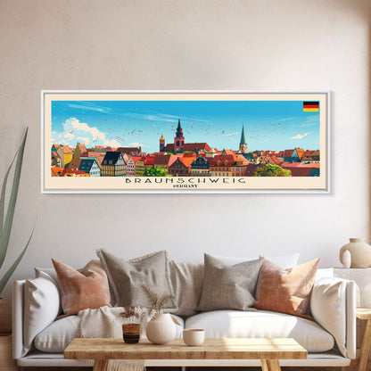 Braunschweig Germany Travel Art, City Art, Framed Canvas Print or Metal Wall Art, Europe Travel Poster, Panoramic Wall Art, Extra Wide Wall Art