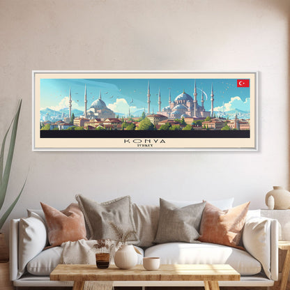 Konya Turkey Panoramic Travel Poster, Framed Canvas Print or Metal Wall Art, Travel Art, Home Decor, Panoramic Painting, Midcentury Art