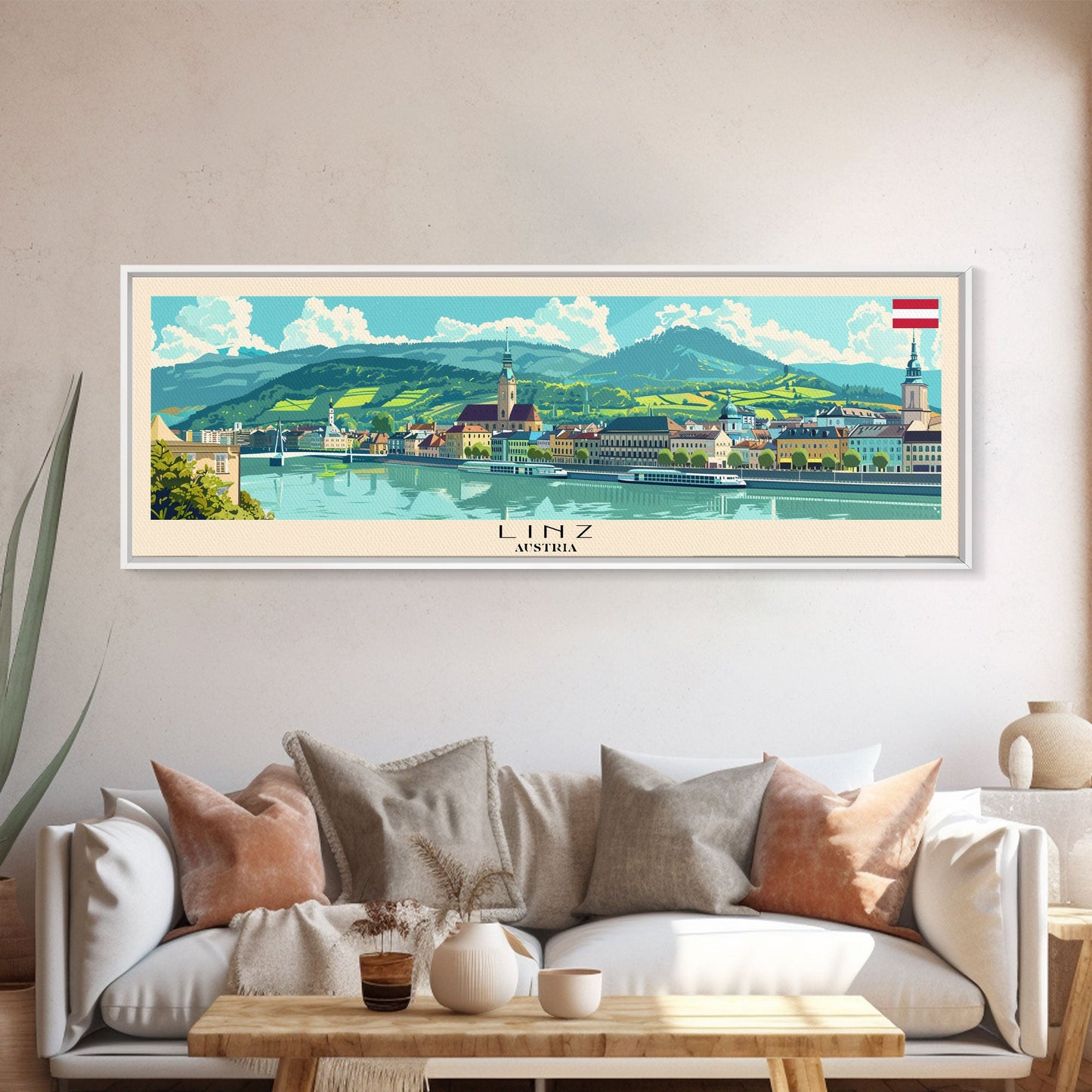 Linz Austria Panoramic Travel Poster, Framed Canvas Print or Metal Wall Art, Travel Art, Home Decor, Panoramic Painting, Midcentury Art