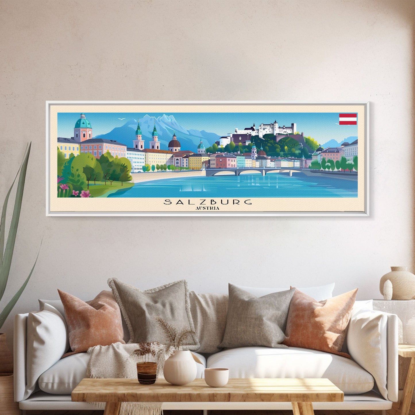 Salzburg Austria Panoramic Travel Poster, Framed Canvas Print or Metal Wall Art, Travel Art, Home Decor, Panoramic Painting, Midcentury Art