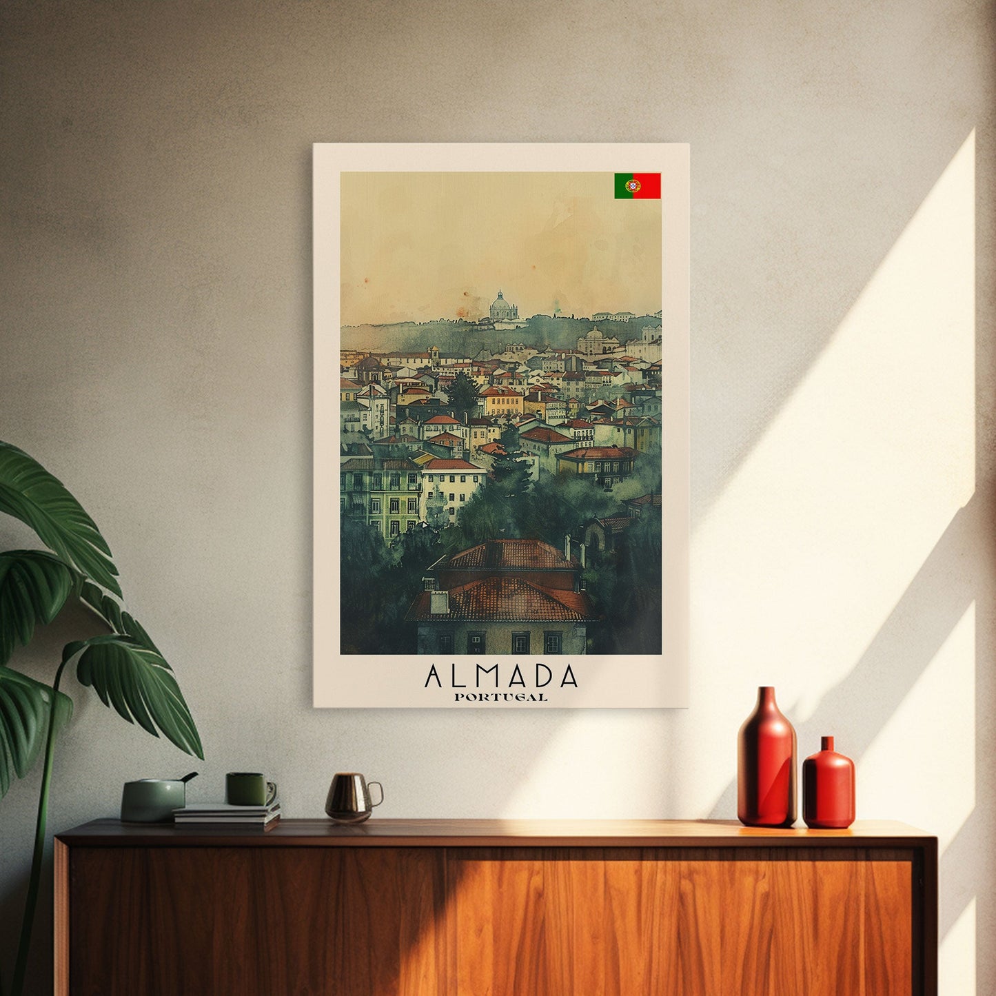 Almada Portugal Historic City Travel Poster Art, Framed Canvas Print, Beautiful Wall Art for Living Room or Bedroom, Home Decoration
