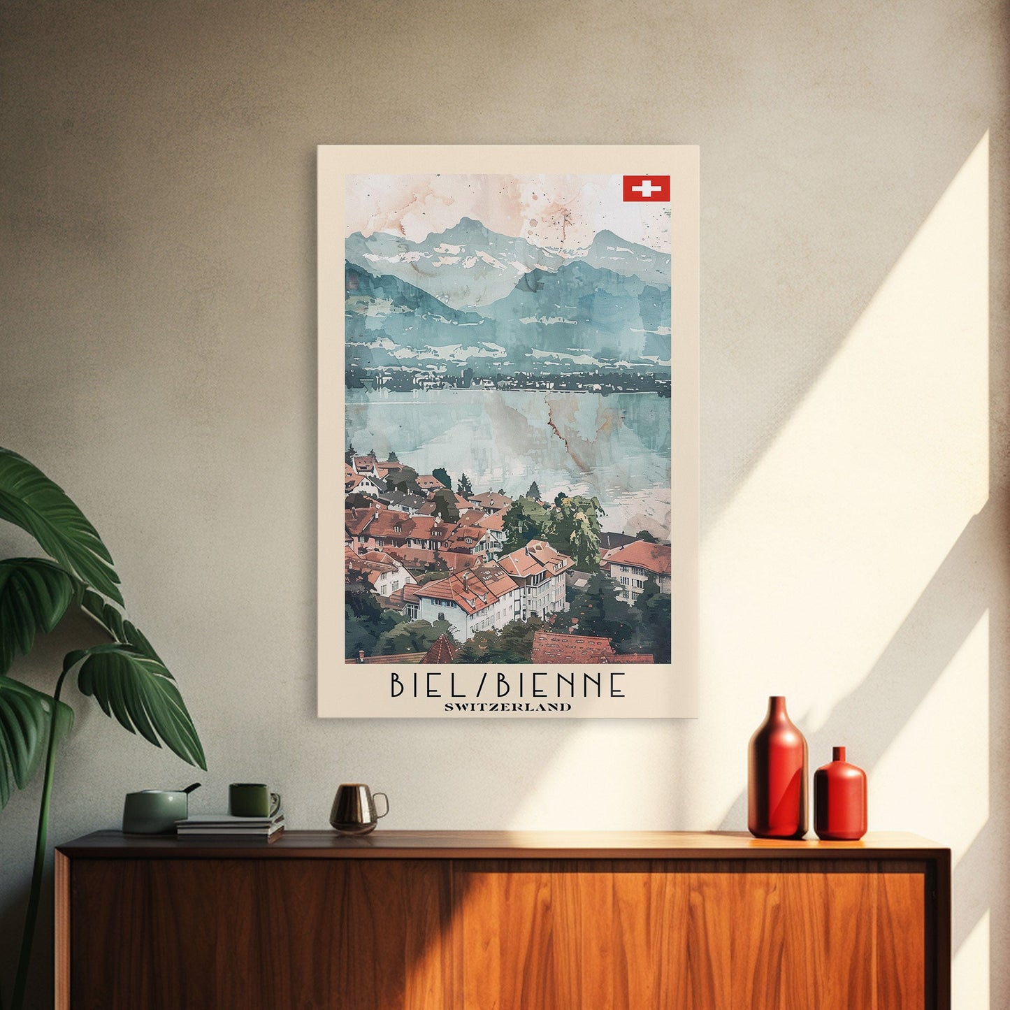 Biel/Bienne Switzerland Travel Poster Framed Canvas Print, Watercolor Painting, Wall Art, Home Decor, Scenic Travel Print