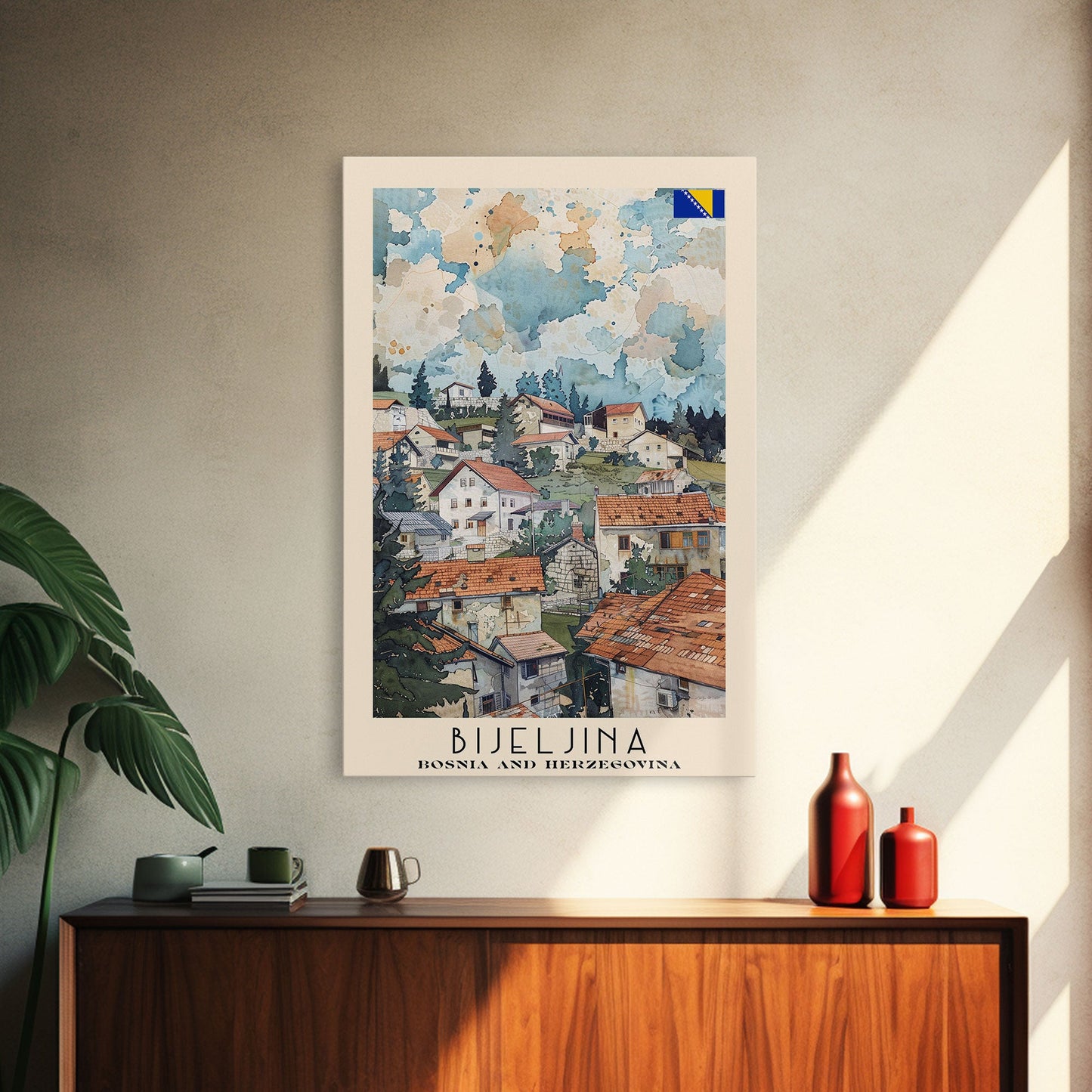 Bijeljina Bosnia and Herzegovina Travel Poster Framed Canvas Print, Watercolor Art, Home Decor, Wall Art, Travel Print