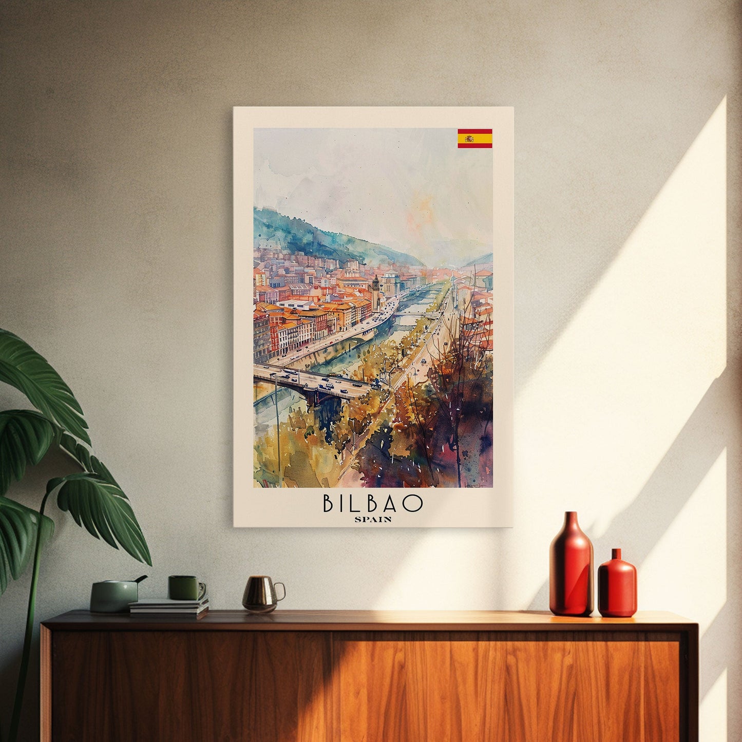 Bilbao Spain Travel Poster Framed Canvas Print, Watercolor Painting, Wall Art, Home Decor, Scenic Travel Print, Cityscape Art
