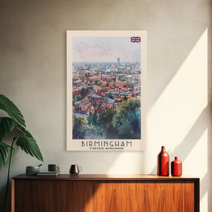 Birmingham United Kingdom Travel Poster Framed Canvas Print, Watercolor Art, Home Decor, Wall Art, Travel Print, Cityscape Art