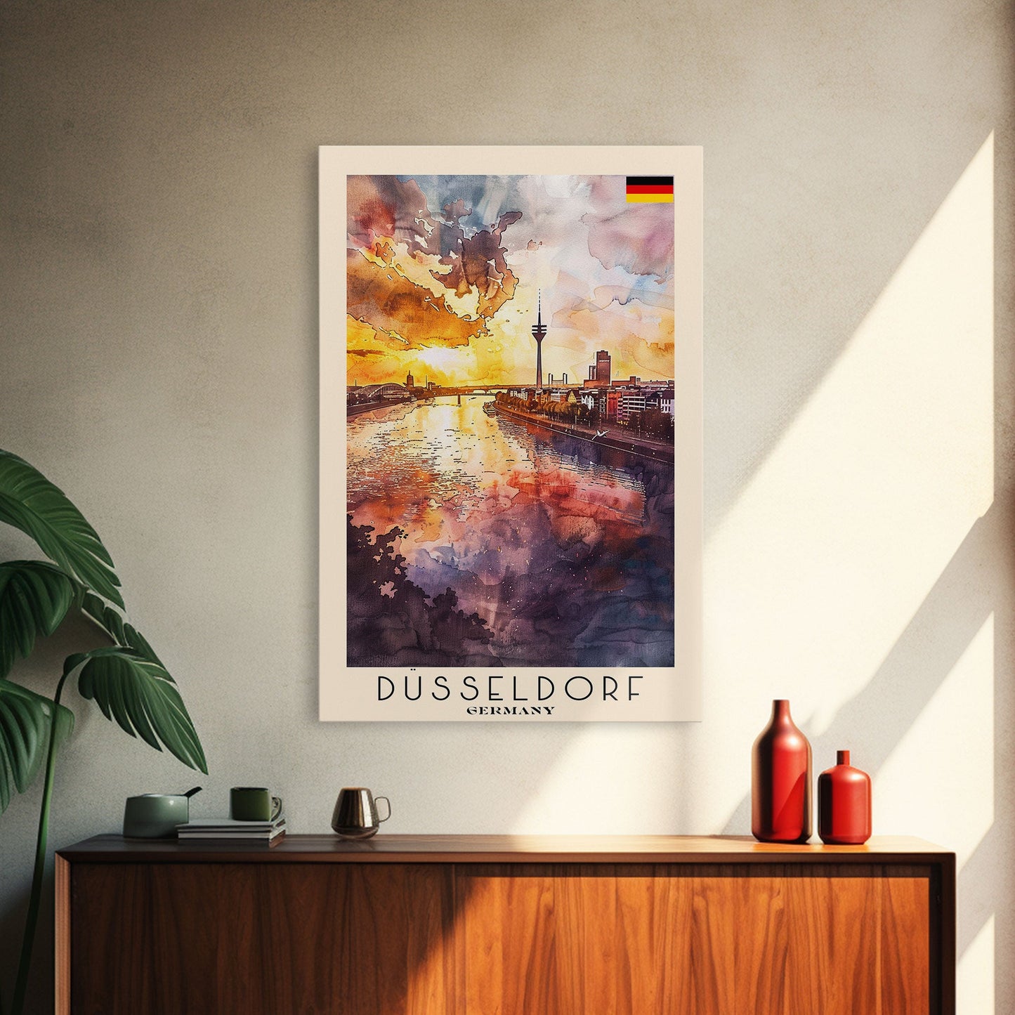 Dusseldorf, Germany Sunset Framed Canvas Print. Striking Wall Art for Living Room or Bedroom, Urban Travel Poster Decor.