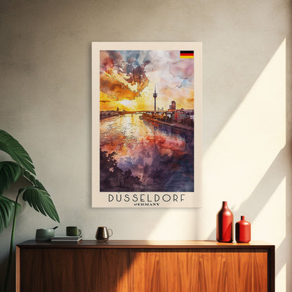 Dusseldorf, Germany Sunset Framed Canvas Print. Striking Wall Art for Living Room or Bedroom, Urban Travel Poster Decor.