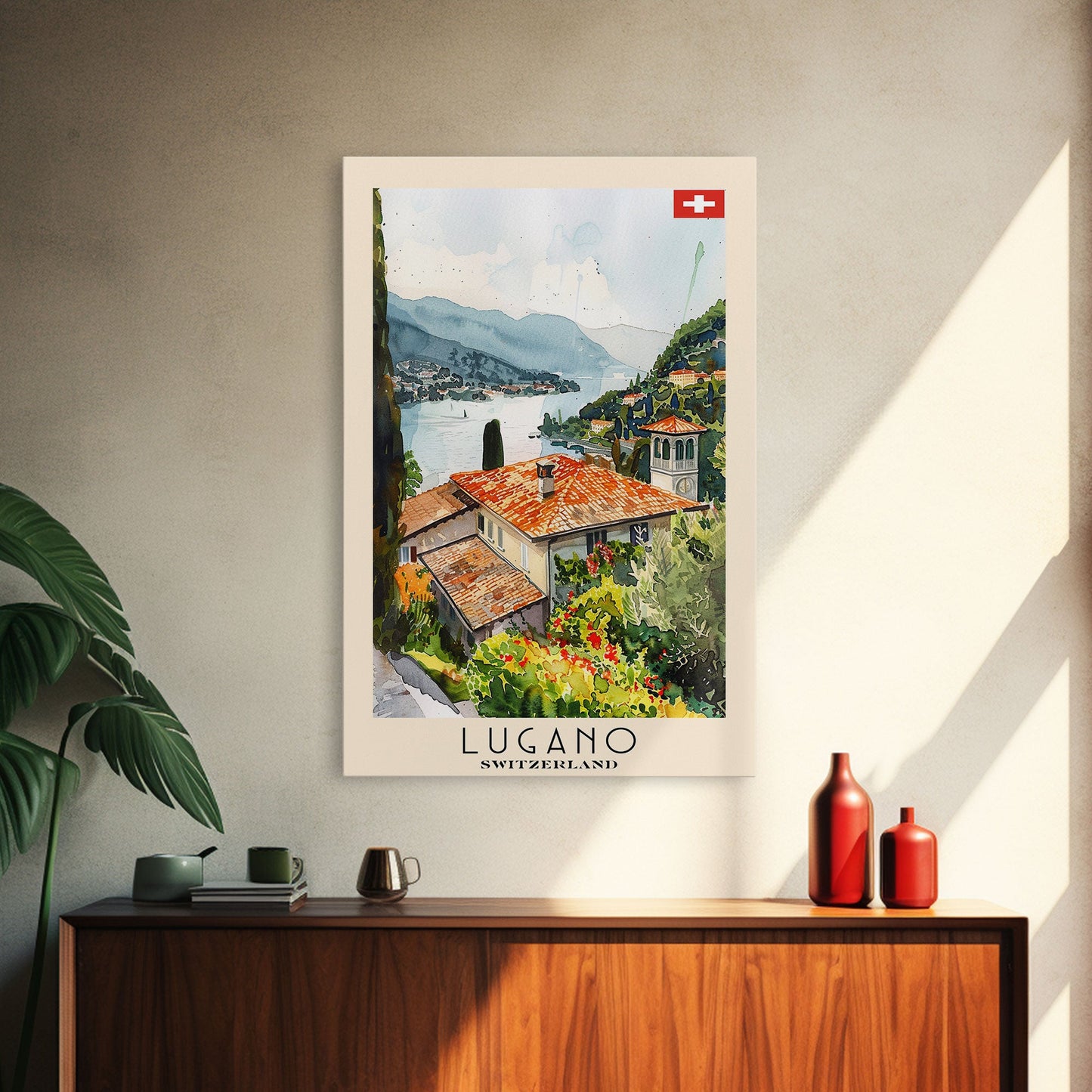 Lugano Switzerland Travel Poster Framed Canvas Print, Lakeside Cityscape, Watercolor Painting, Wall Art, Home Decoration, Travel Print, Artistic Gift