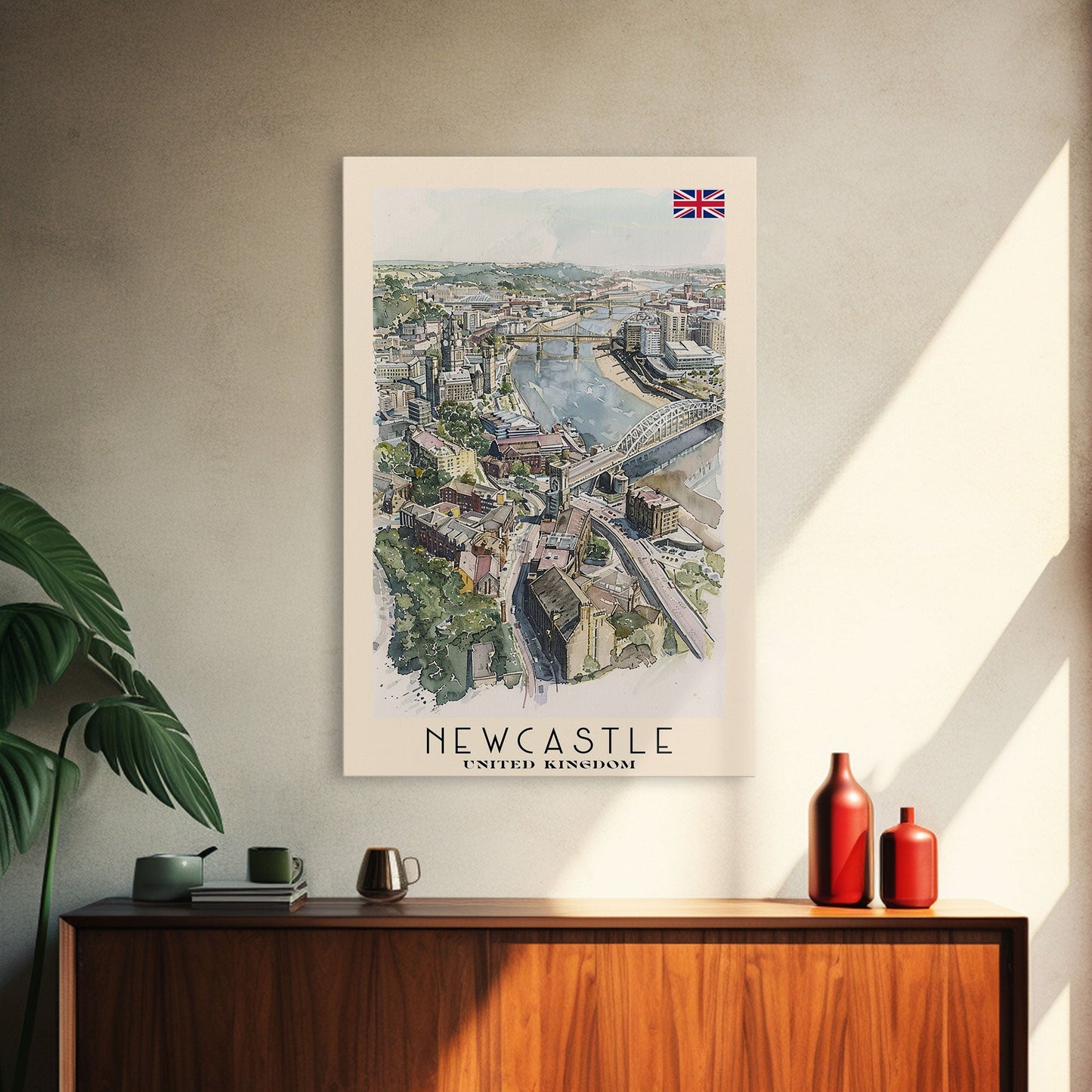 Newcastle United Kingdom Framed Canvas Print, Urban Travel Poster, Watercolor Painting, Cityscape Wall Art, Home Decor, Unique Art