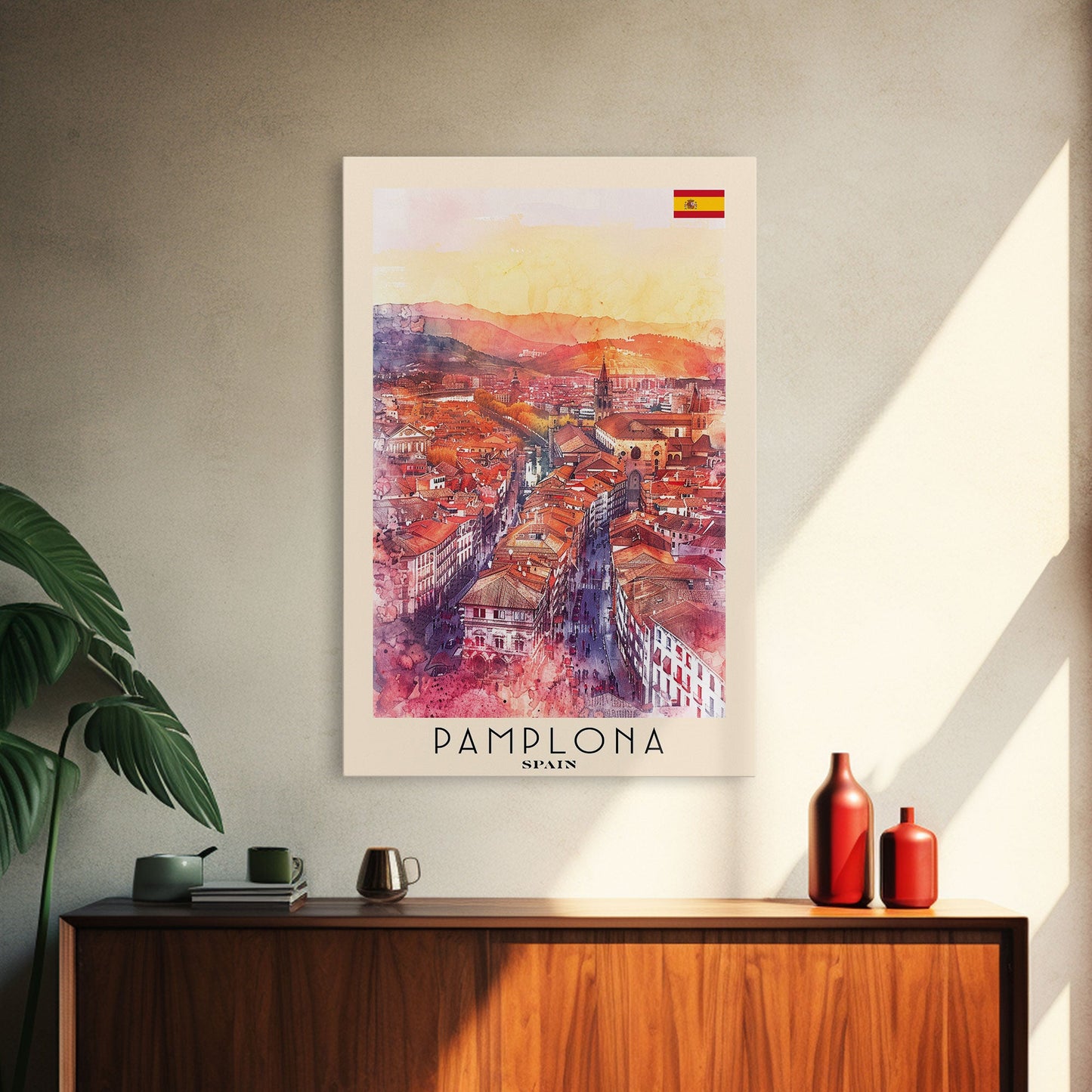 Pamplona Spain Travel Poster Framed Canvas Print, Watercolor Painting, Urban Wall Art, Home Decor, Spanish Architecture, Classic Art