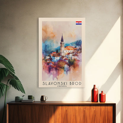 Slavonski Brod Croatia Travel Poster Framed Canvas Print, Watercolor Painting, Scenic Wall Art, Home Decor, Croatian Cityscape, Classic Art