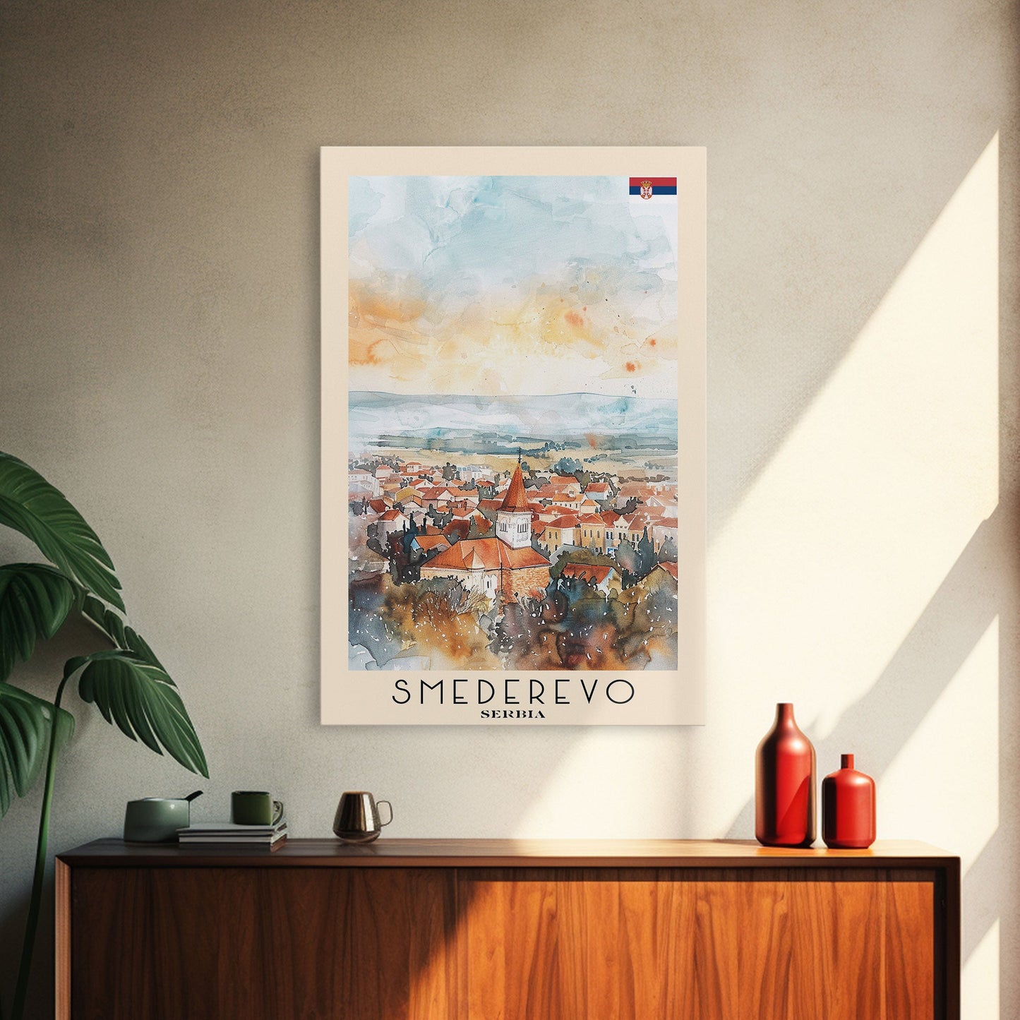 Smederevo Serbia Travel Poster Framed Canvas Print, Watercolor Painting, Scenic Wall Art, Home Decor, Serbian Cityscape, Modern Art