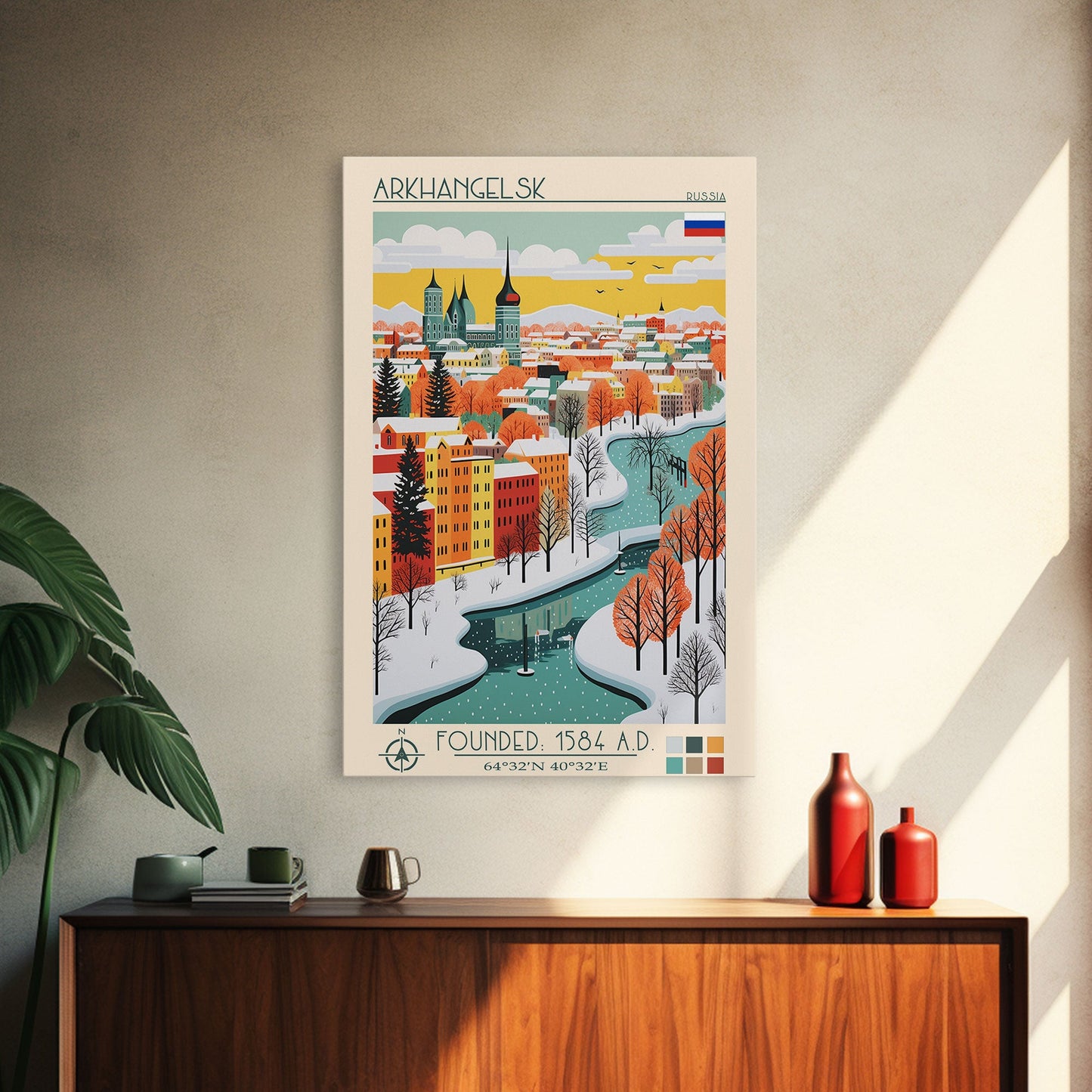 Arkhangelsk Russia Travel Poster Framed Canvas Print, Midcentury Modern Art, Pop Art Wall Decor, Home Decor, Vacation Gift, Living Room Art