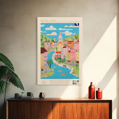 Banja Luka Bosnia Travel Poster Framed Canvas Print, Midcentury Modern Art, Pop Art Wall Decor, Home Decor, Vacation Gift, Living Room Art