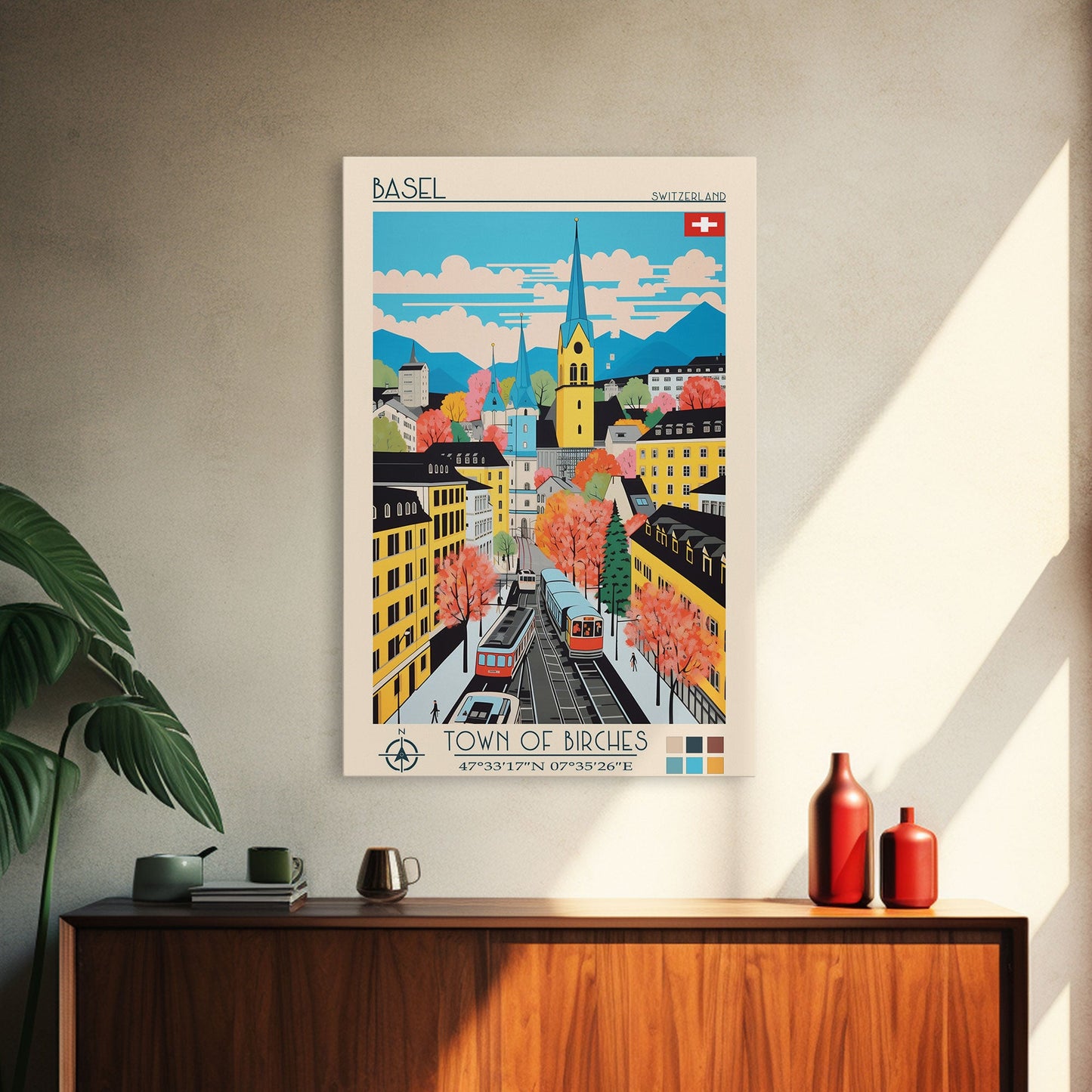 Basel Switzerland Travel Poster Framed Canvas Print, Midcentury Modern Art, Pop Art Wall Decor, Home Decor, Vacation Gift, Living Room Art