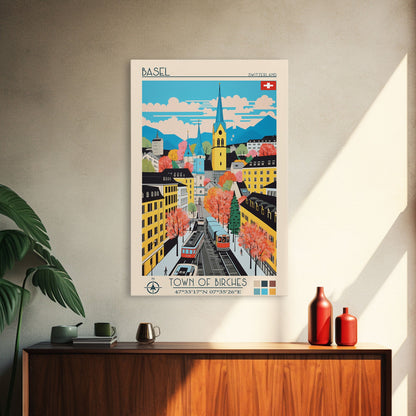 Basel Switzerland Travel Poster Framed Canvas Print, Midcentury Modern Art, Pop Art Wall Decor, Home Decor, Vacation Gift, Living Room Art