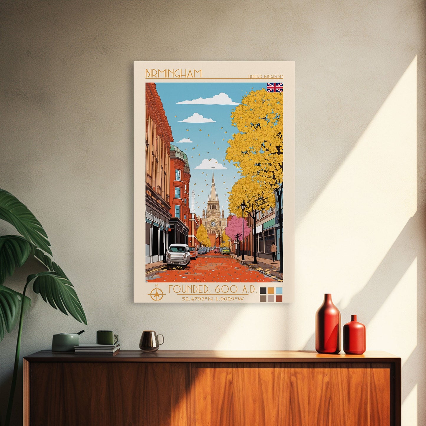 Birmingham UK Travel Poster Framed Canvas Print, Midcentury Modern Art, Pop Art Wall Decor, Home Decor, Living Room Decoration