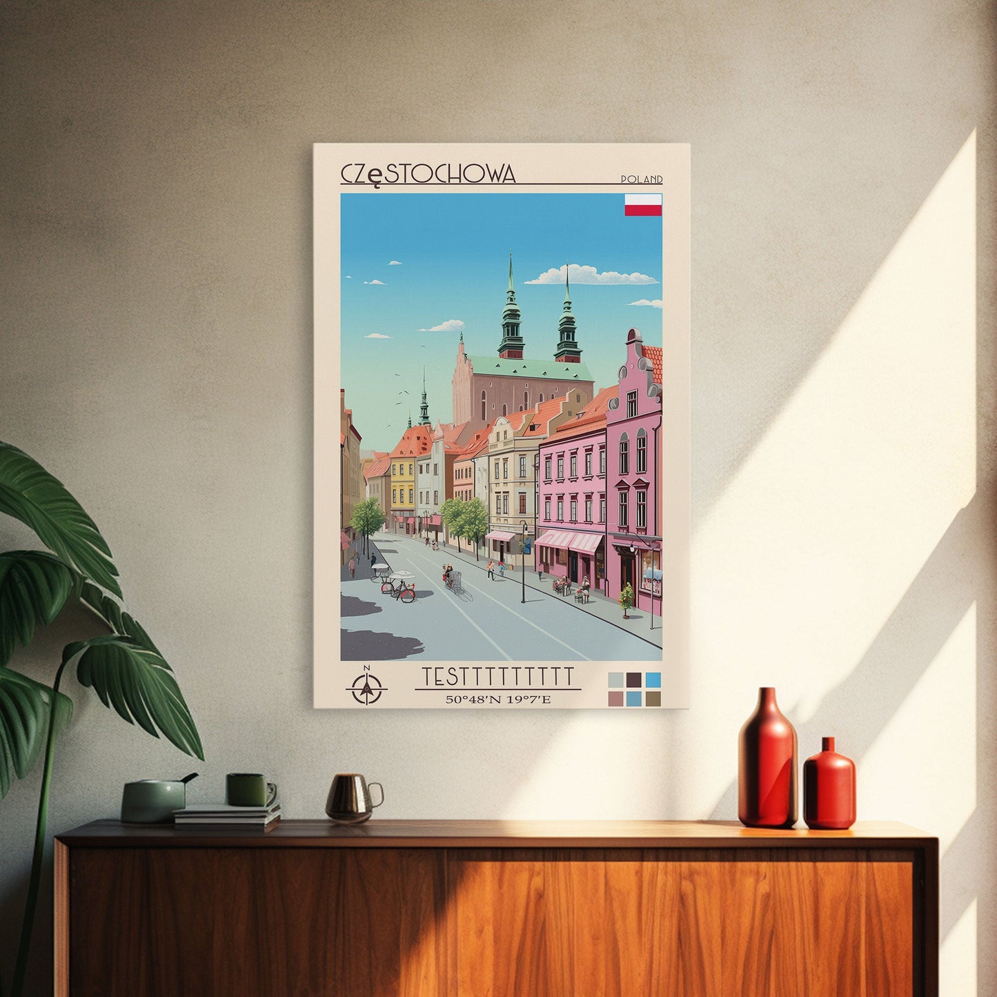 Częstochowa Poland Travel Poster Framed Canvas Print, Midcentury Modern Art, Pop Art Wall Decor, Home Decor, Vacation Gift, Living Room Art