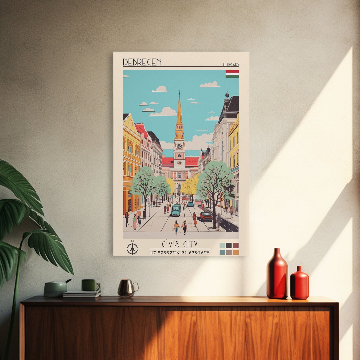 Debrecen Hungary Travel Poster Framed Canvas Print, Midcentury Modern Art, Pop Art Wall Decor, Home Decor, Vacation Gift, Living Room Art