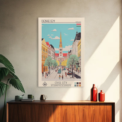 Debrecen Hungary Travel Poster Framed Canvas Print, Midcentury Modern Art, Pop Art Wall Decor, Home Decor, Vacation Gift, Living Room Art