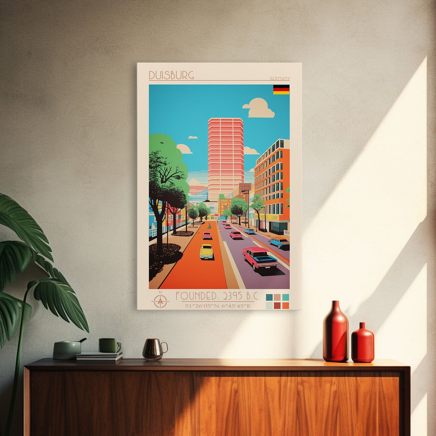 Duisburg Germany Travel Poster Framed Canvas Print, Midcentury Modern Art, Pop Art Wall Decor, Scenic Living Room Art, Bedroom Decor