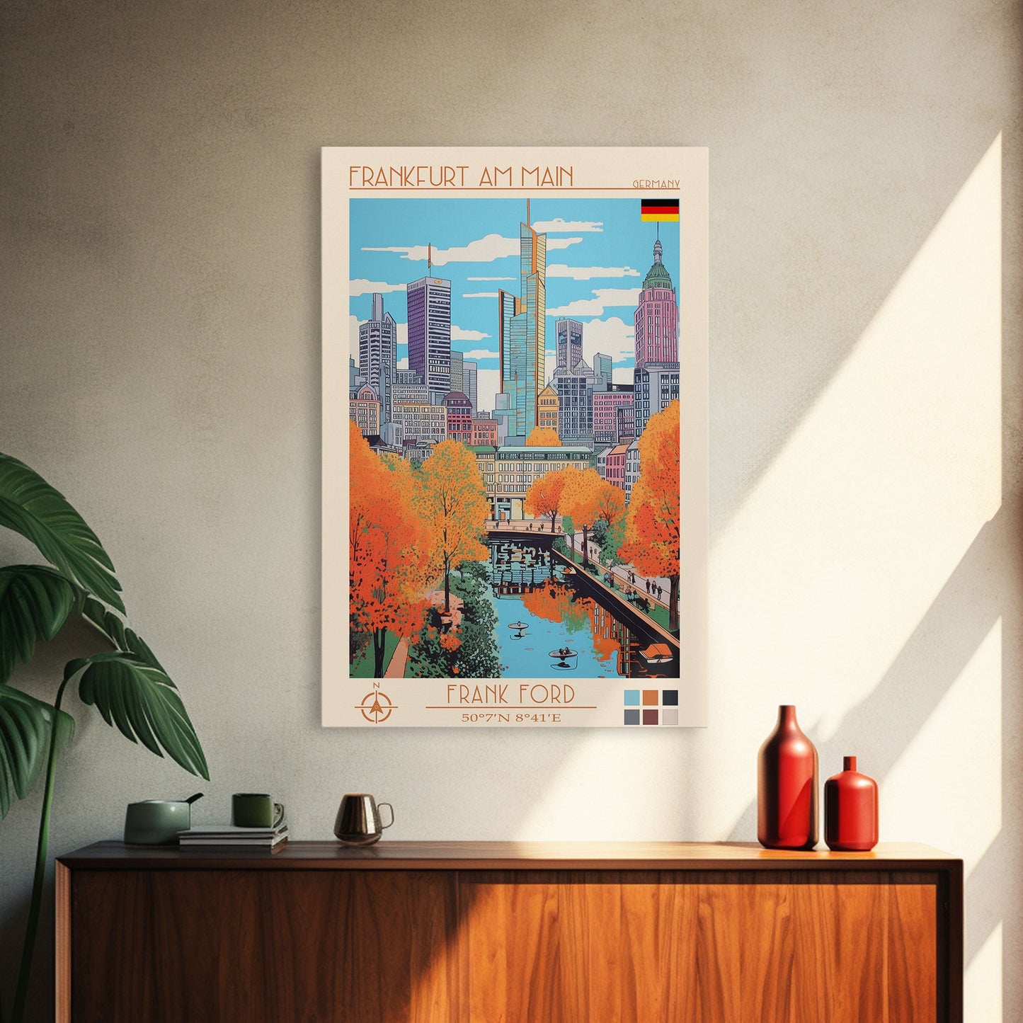 Frankfurt Germany Travel Poster Framed Canvas Print, Midcentury Modern Art, Pop Art Wall Decor, Scenic Wall Art, Living Room Decoration, Office Gift