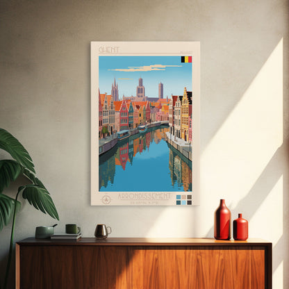 Ghent Belgium Travel Poster Framed Canvas Print, Midcentury Modern Art, Pop Art Wall Decor, Scenic Wall Art, Living Room Decoration, Office Art