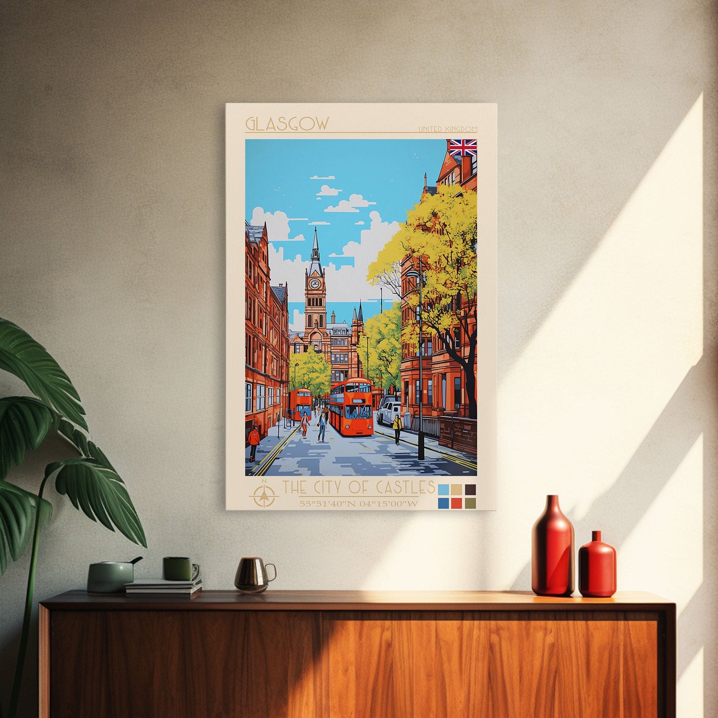 Glasgow United Kingdom Travel Poster Framed Canvas Print, Midcentury Modern Art, Pop Art Wall Decor, Scenic Bedroom Art, Office Decoration