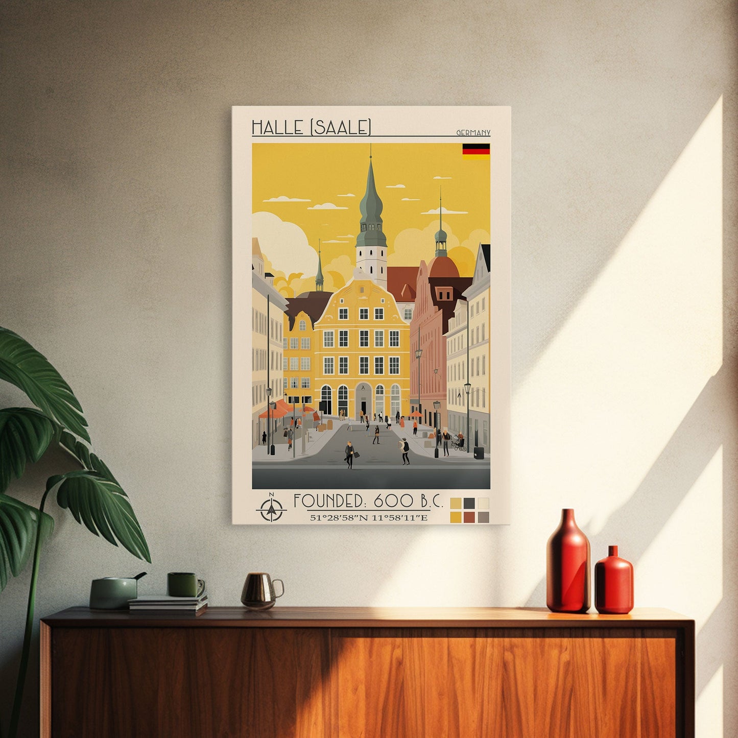 Halle Germany Travel Poster Framed Canvas Print, Midcentury Modern Art, Pop Art Wall Decor, Scenic Living Room Art, Bedroom Decor