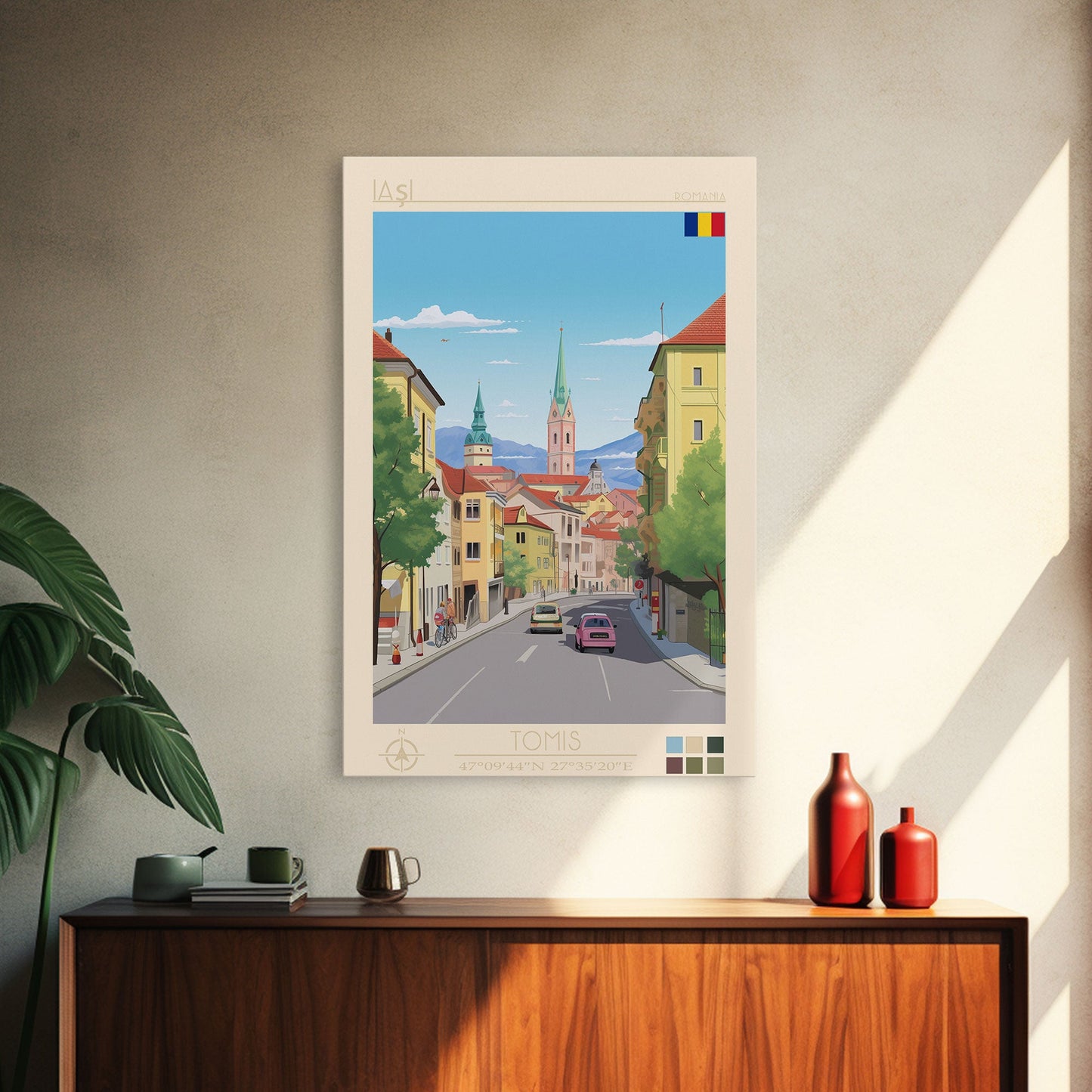 Iași Romania Travel Poster Framed Canvas Print, Midcentury Modern Art, Pop Art Wall Decor, Scenic Wall Art, Living Room Decoration, Office Gift