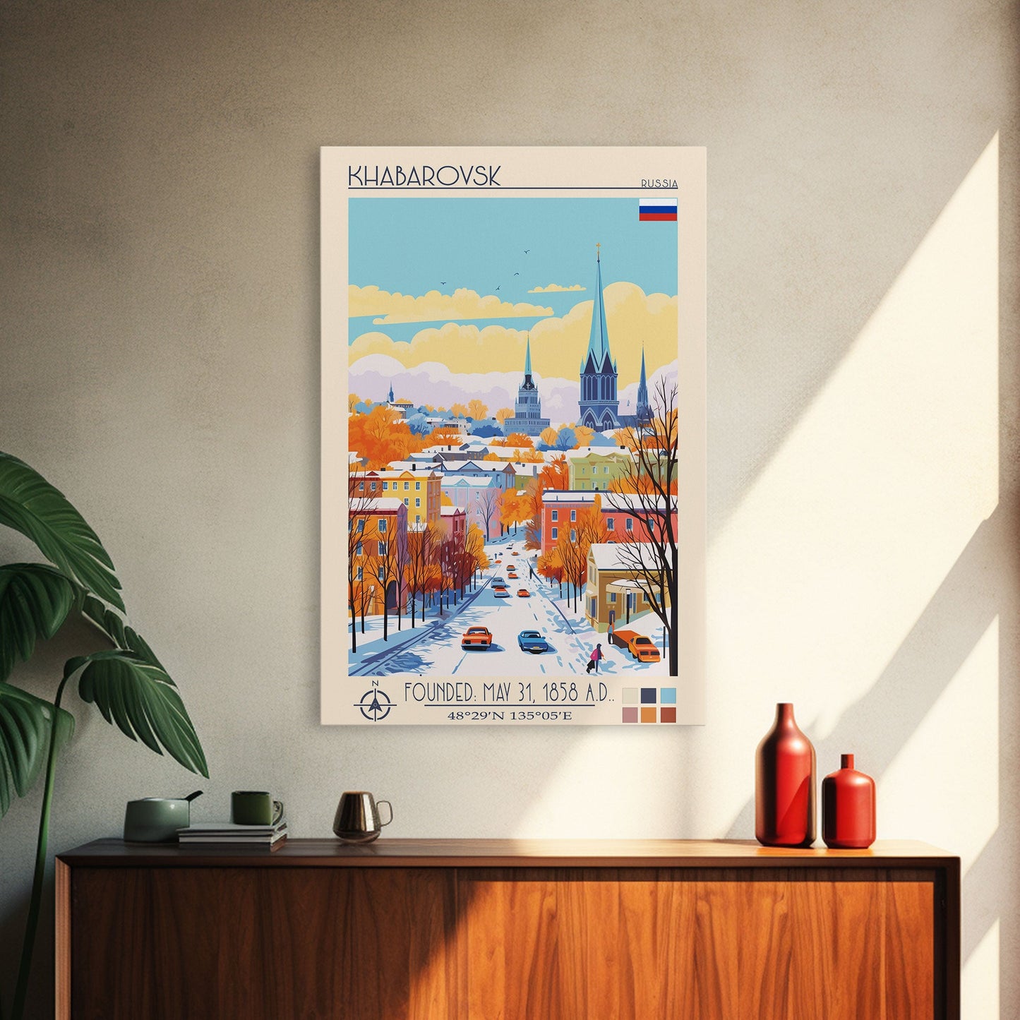 Khabarovsk Russia Travel Poster Framed Canvas Print, Midcentury Modern Art, Pop Art Wall Decor, Home Decor, Vacation Gift, Office Art