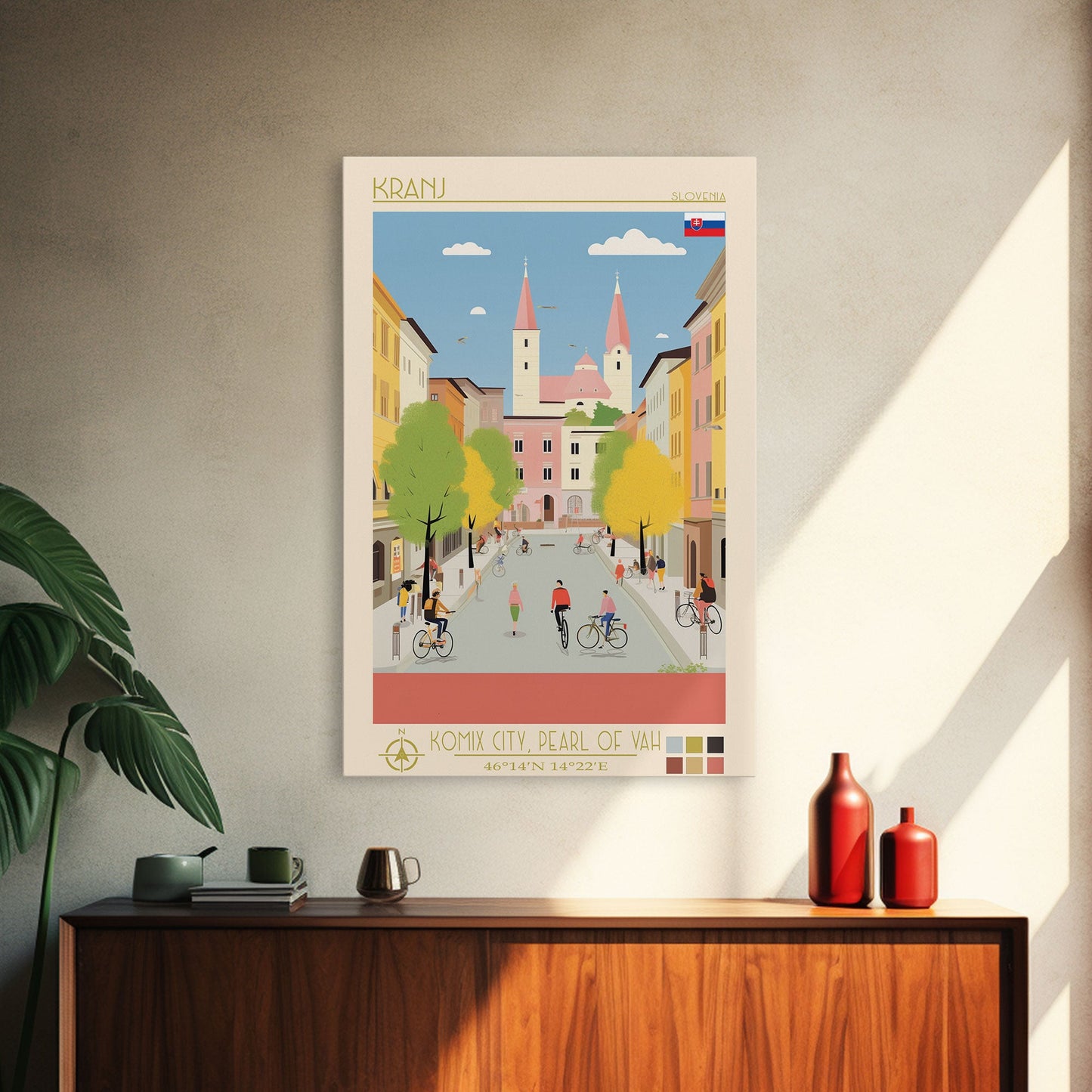 Kranj Slovenia Travel Poster Framed Canvas Print, Midcentury Modern Art, Pop Art Wall Decor, Scenic Wall Art, Bedroom Decoration