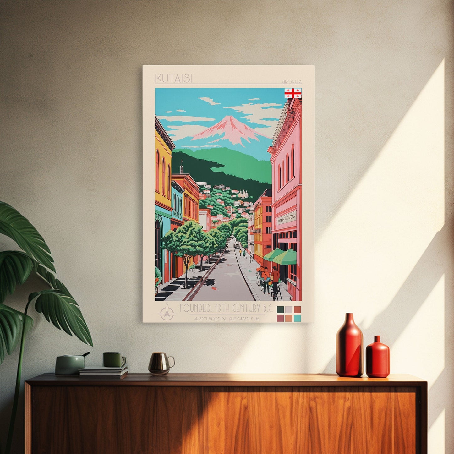 Kutaisi Georgia Travel Poster Framed Canvas Print, Midcentury Modern Art, Pop Art Wall Decor, Scenic Living Room Art, Bedroom Decor