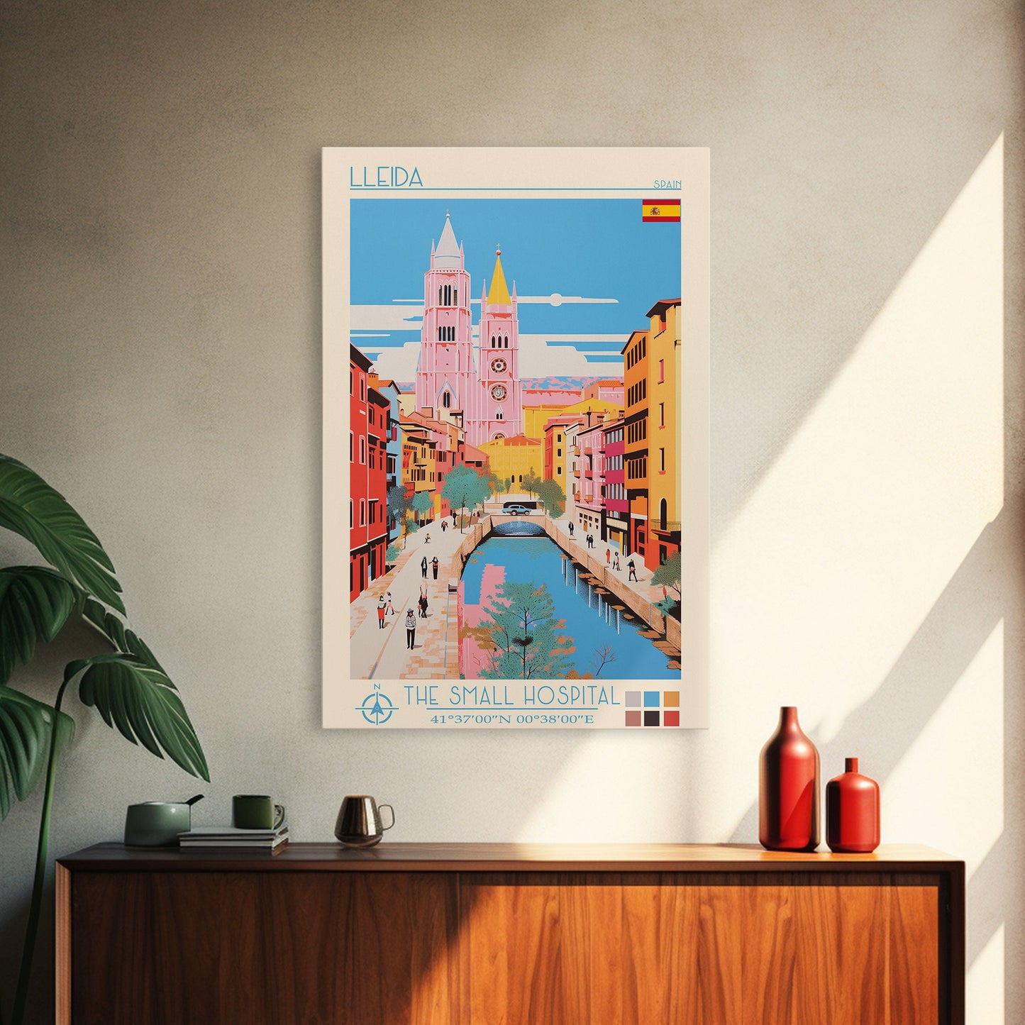Lleida Spain Travel Poster Framed Canvas Print, Midcentury Modern Art, Pop Art Wall Decor, Scenic Art, Living Room and Office Gift