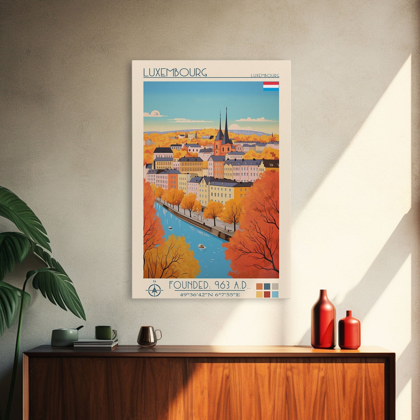 Luxembourg Luxembourg Travel Poster Framed Canvas Print, Midcentury Modern Art, Pop Art Wall Decor, Scenic Art, Bedroom and Living Room Decor