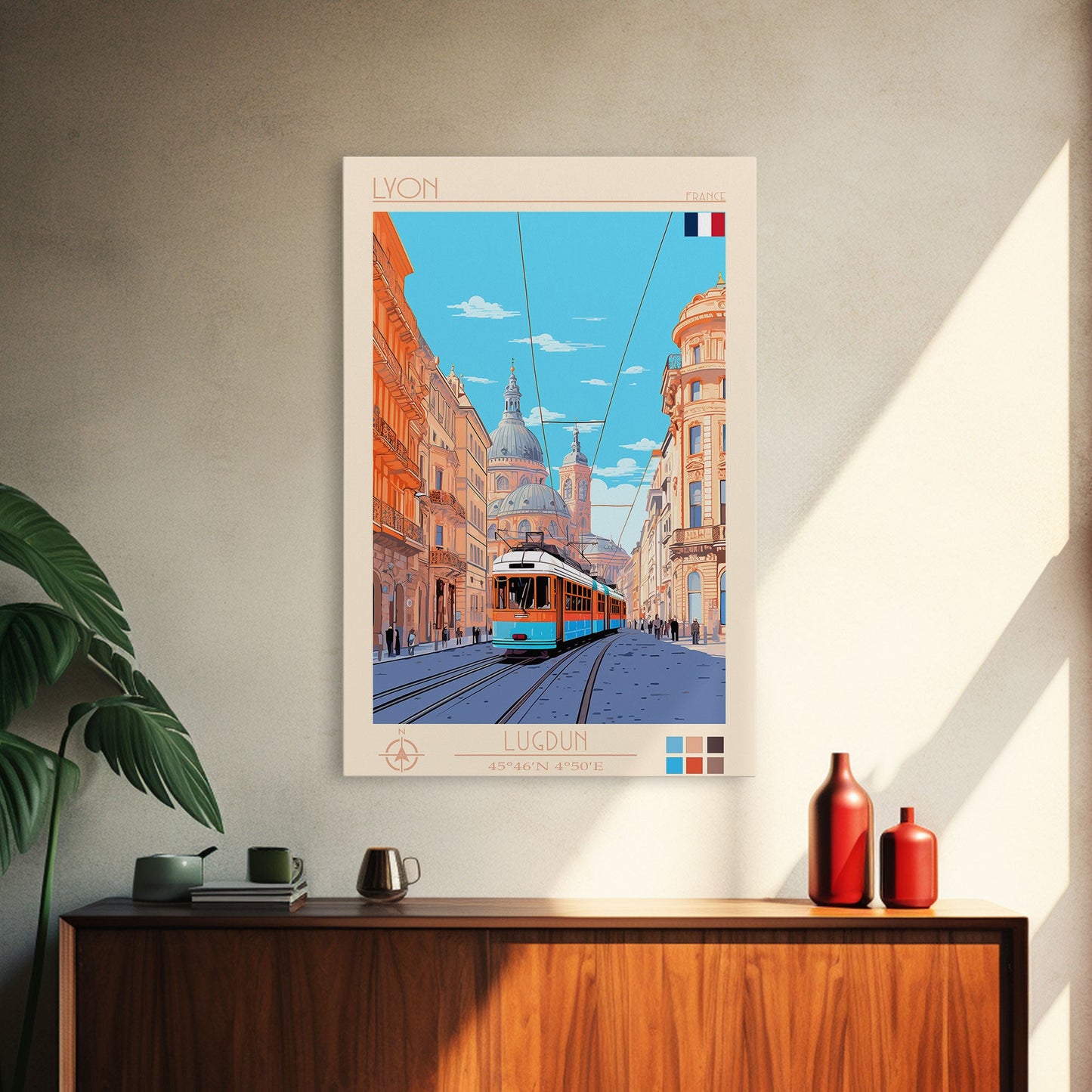 Lyon France Travel Poster Framed Canvas Print, Midcentury Modern Art, Pop Art Wall Decor, Scenic Bedroom Art, Office Decoration