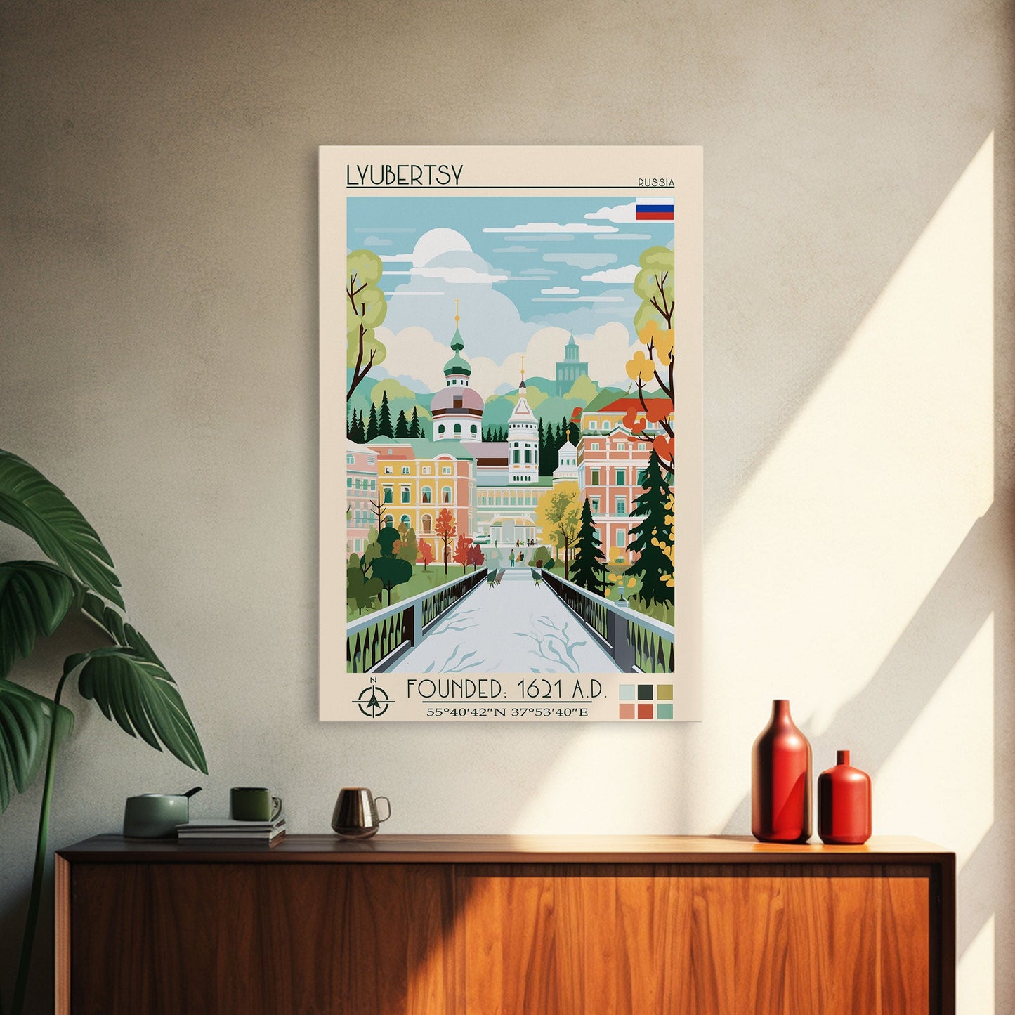 Lyubertsy Russia Travel Poster Framed Canvas Print, Midcentury Modern Art, Pop Art Wall Decor, Scenic Living Room Art, Bedroom Decor