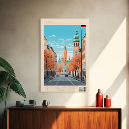 Munich Germany Travel Poster Framed Canvas Print, Midcentury Modern Art, Pop Art Wall Decor, Scenic Wall Art, Living Room Decoration, Office Gift