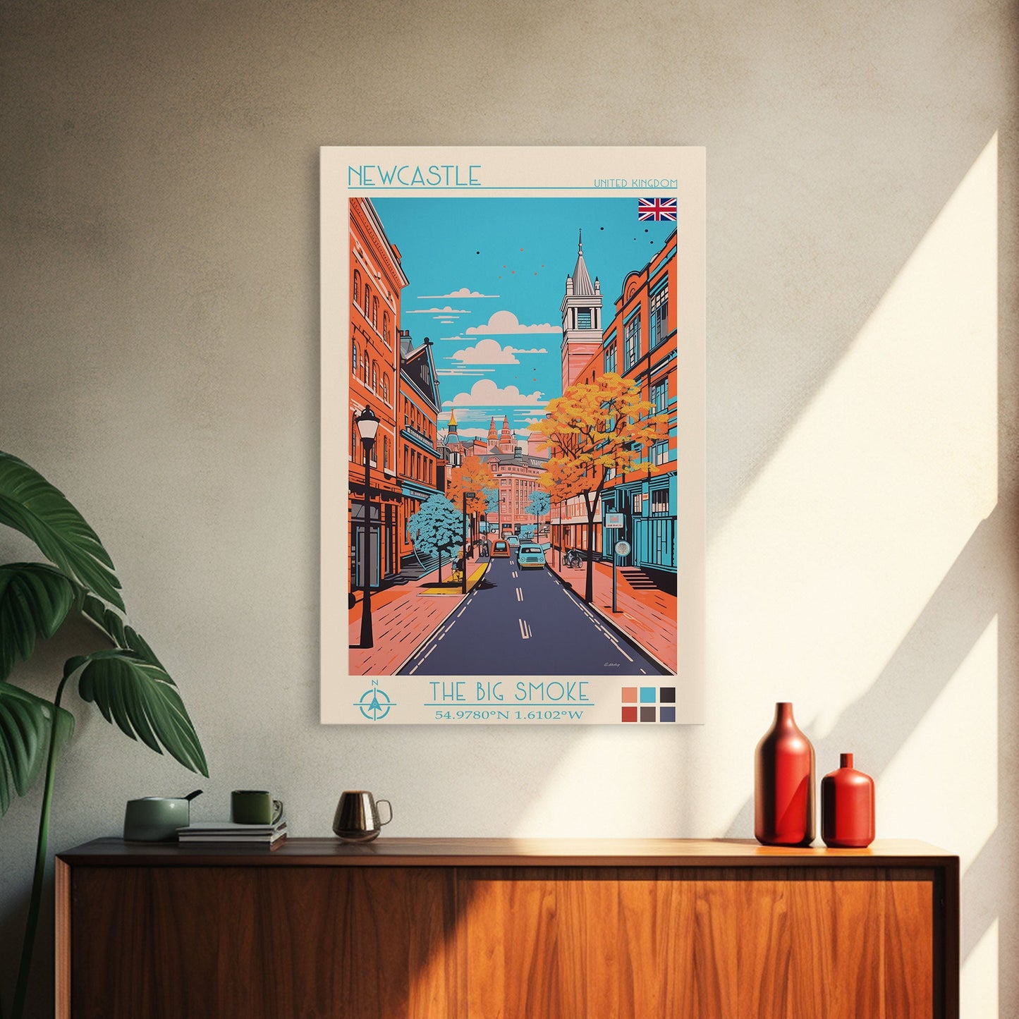 Newcastle United Kingdom Travel Poster Framed Canvas Print, Midcentury Modern Art, Pop Art Wall Decor, Scenic Living Room Art, Bedroom Decor