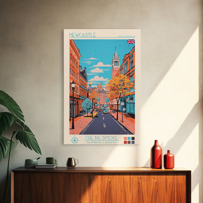 Newcastle United Kingdom Travel Poster Framed Canvas Print, Midcentury Modern Art, Pop Art Wall Decor, Scenic Living Room Art, Bedroom Decor