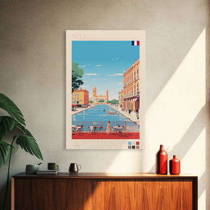 Nimes France Travel Poster Framed Canvas Print, Midcentury Modern Art, Pop Art Wall Decor, Scenic Living Room Art, Bedroom Gift