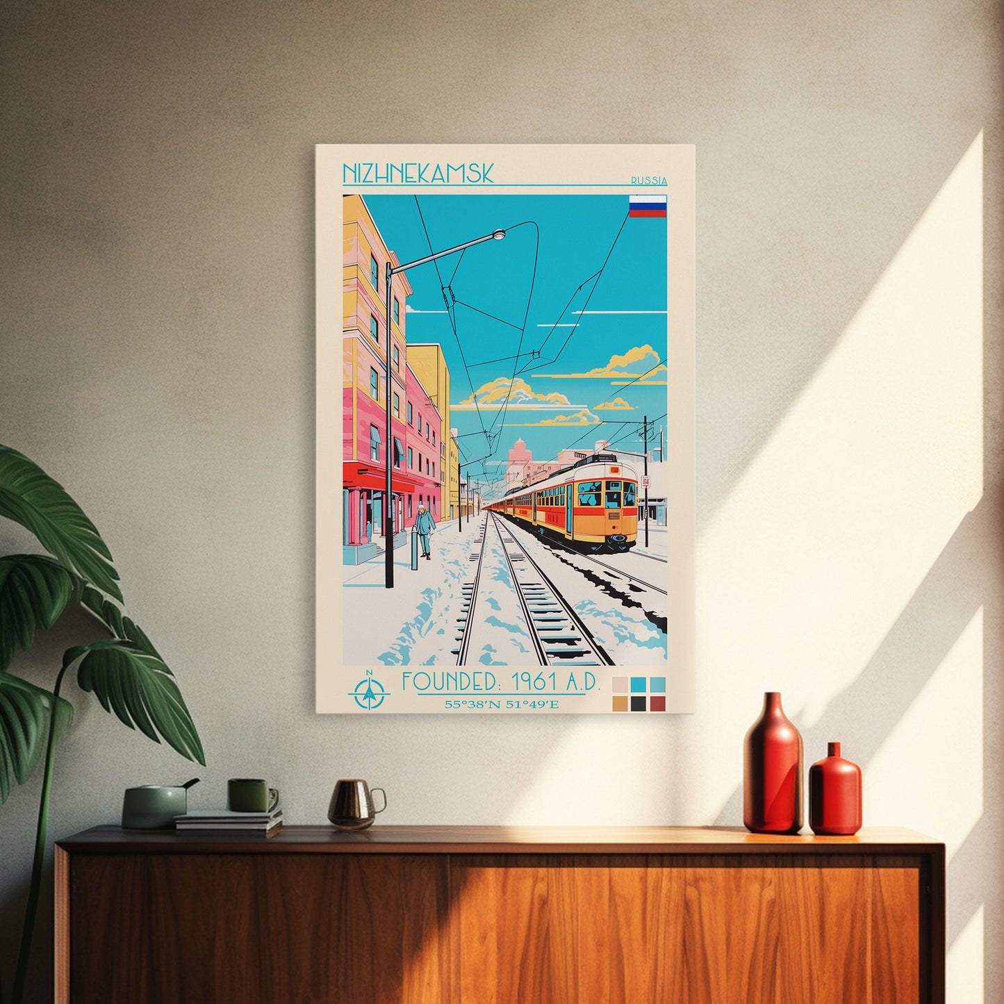 Nizhnekamsk Russia Travel Poster Framed Canvas Print, Midcentury Modern Art, Pop Art Wall Decor, Scenic Wall Art, Bedroom Decoration