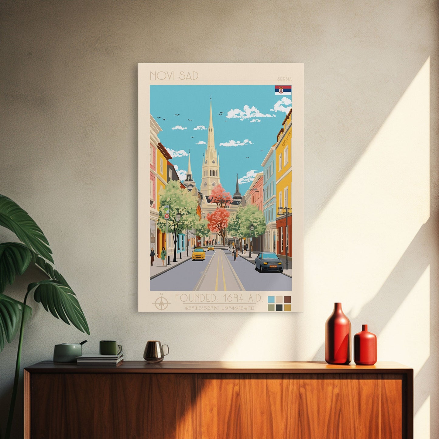 Novi Sad Serbia Travel Poster Framed Canvas Print, Midcentury Modern Art, Pop Art Wall Decor, Scenic Wall Art, Bedroom Decoration