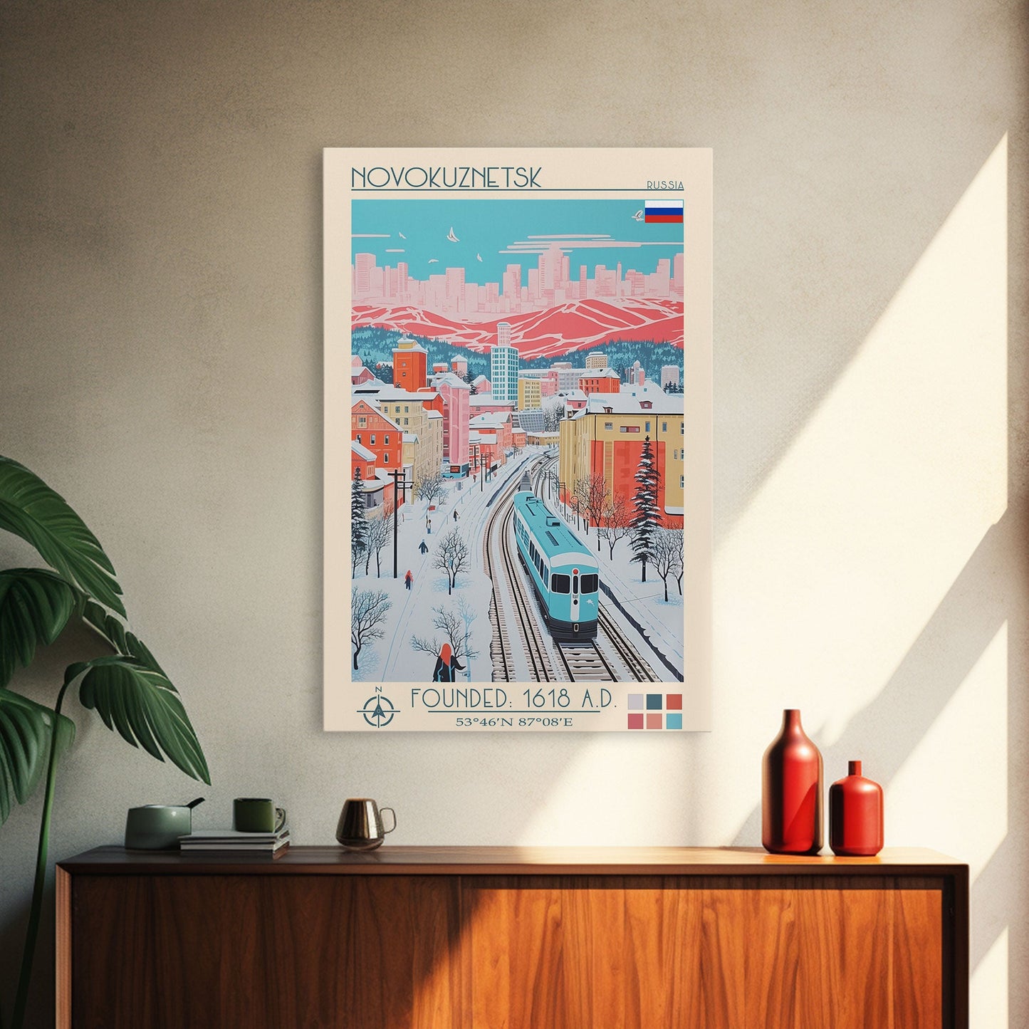 Novokuznetsk Russia Travel Poster Framed Canvas Print, Midcentury Modern Art, Pop Art Wall Decor, Scenic Wall Art, Living Room Decoration, Office Art