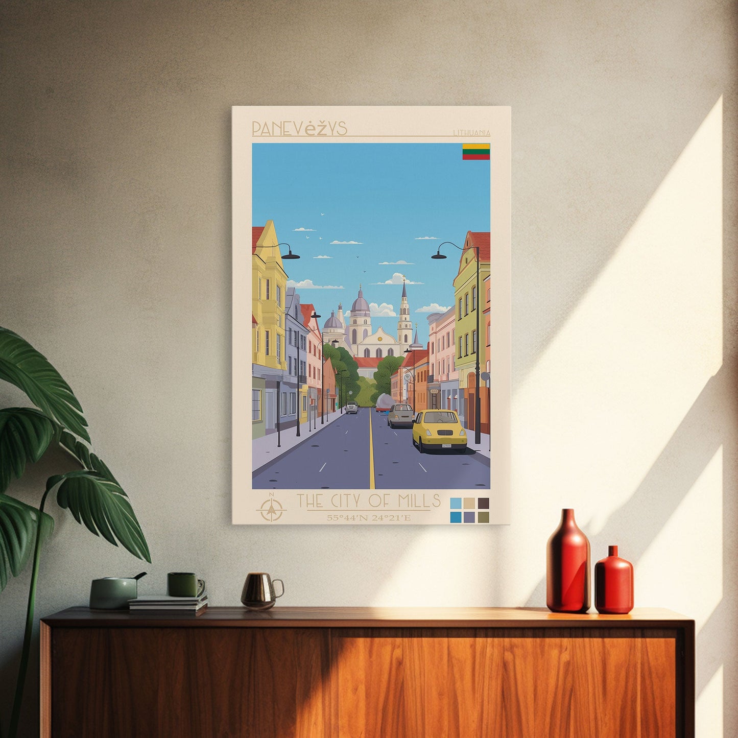 Panevėžys Lithuania Travel Poster Framed Canvas Print, Midcentury Modern Art, Pop Art Wall Decor, Scenic Living Room Art, Bedroom Gift