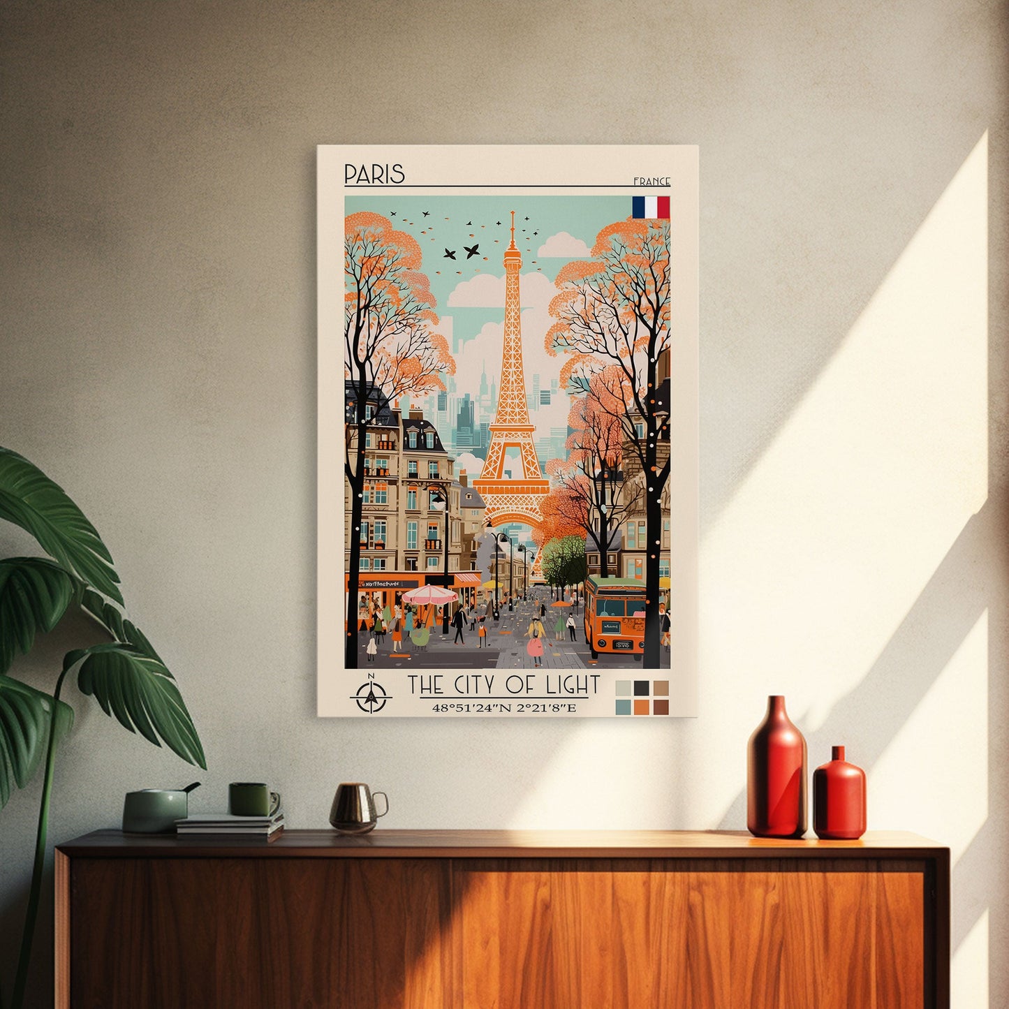 Paris France Travel Poster Framed Canvas Print, Midcentury Modern Art, Pop Art Wall Decor, Scenic Wall Art, Living Room Decoration, Office Gift
