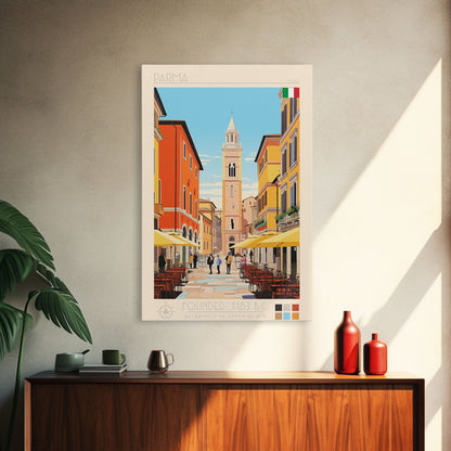 Parma Italy Travel Poster Framed Canvas Print, Midcentury Modern Art, Pop Art Wall Decor, Scenic Wall Art, Bedroom Decoration