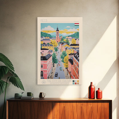 Pécs Hungary Travel Poster Framed Canvas Print, Midcentury Modern Art, Pop Art Wall Decor, Living Room Art, Home Decoration