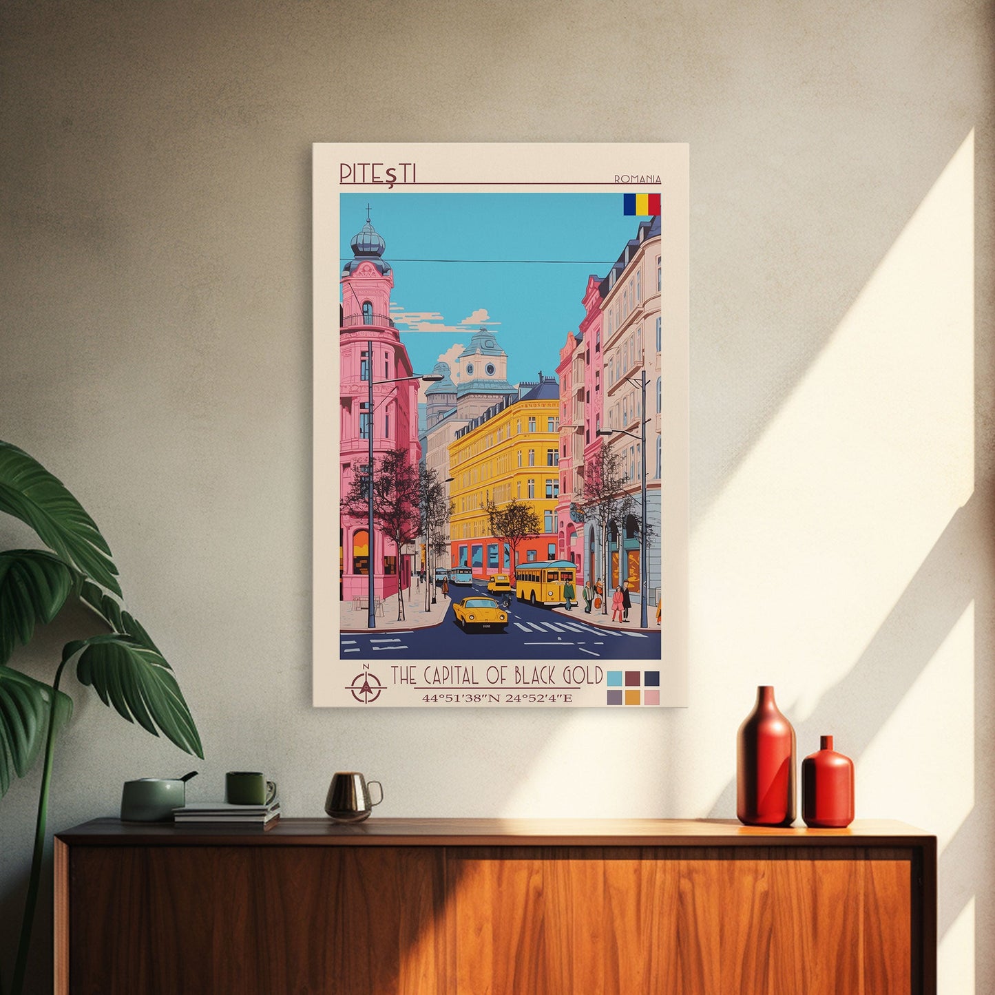 Pitești Romania Travel Poster Framed Canvas Print, Midcentury Modern Art, Pop Art Wall Decor, Home Decor, Vacation Gift, Bedroom Art